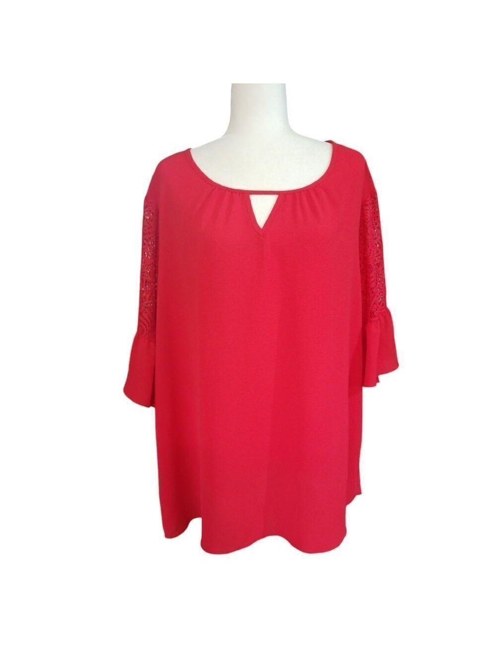 EST 1946 Pullover Blouse Red Tie at Neck Cut Out Detail Sleeve Size 2X